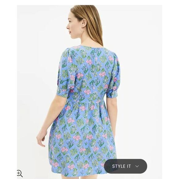 Loft Floral Print Scoop Neck Puff Sleeve Mini Dress Blue 6 - Picture 4 of 10